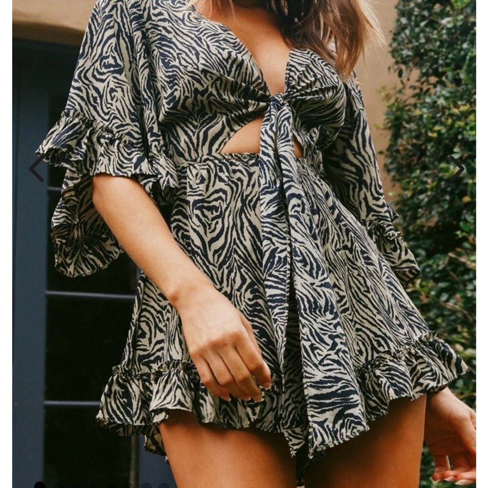 Day+moon Tied Bust Flared Sleeve Romper Zebra Print brown and black zebra print.